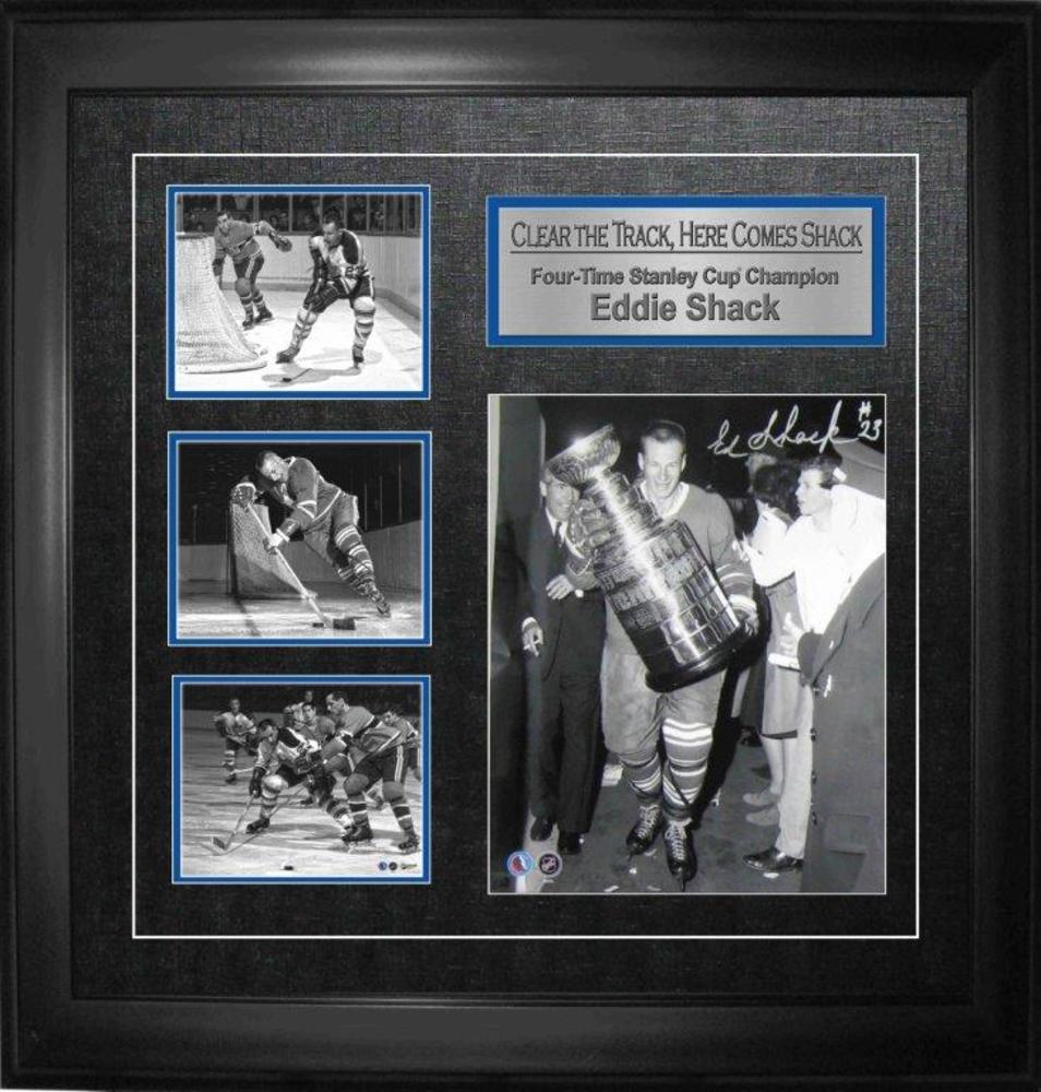 Eddie Shack Signed 8x10 w 3 Mini Photos Stanley Cup Framed Collage Clear The Track