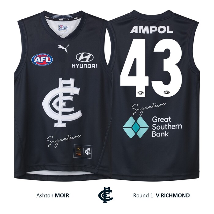 Photo of Ashton Moir #43 Carlton Round 1 'Raised Monogram' Guernsey