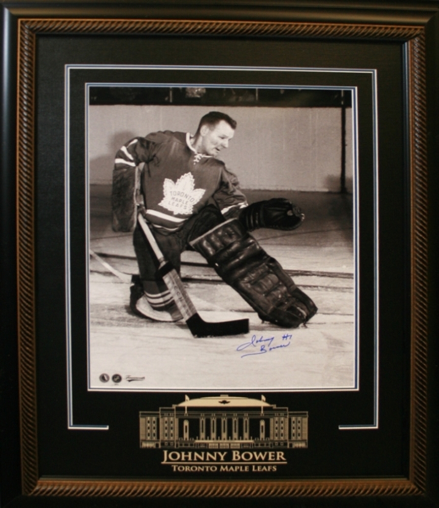 Johnny Bower Signed 16x20 Etched Mat Leafs Glove Save