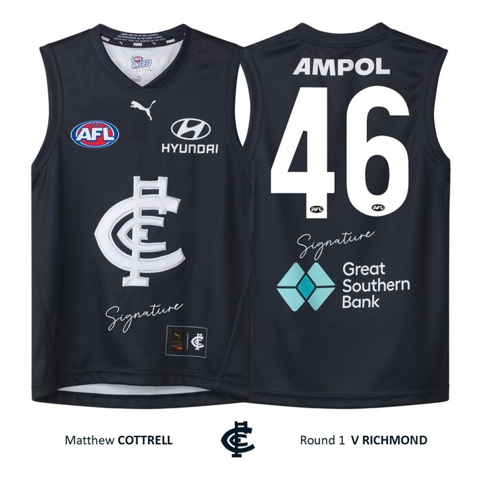 Photo of Matthew Cottrell #46 Carlton Round 1 'Raised Monogram' Guernsey