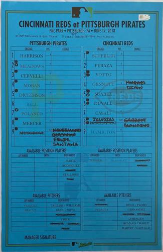 Photo of Game-Used Lineup Card from Pirates vs. Reds on 6/17/18 - Father's Day