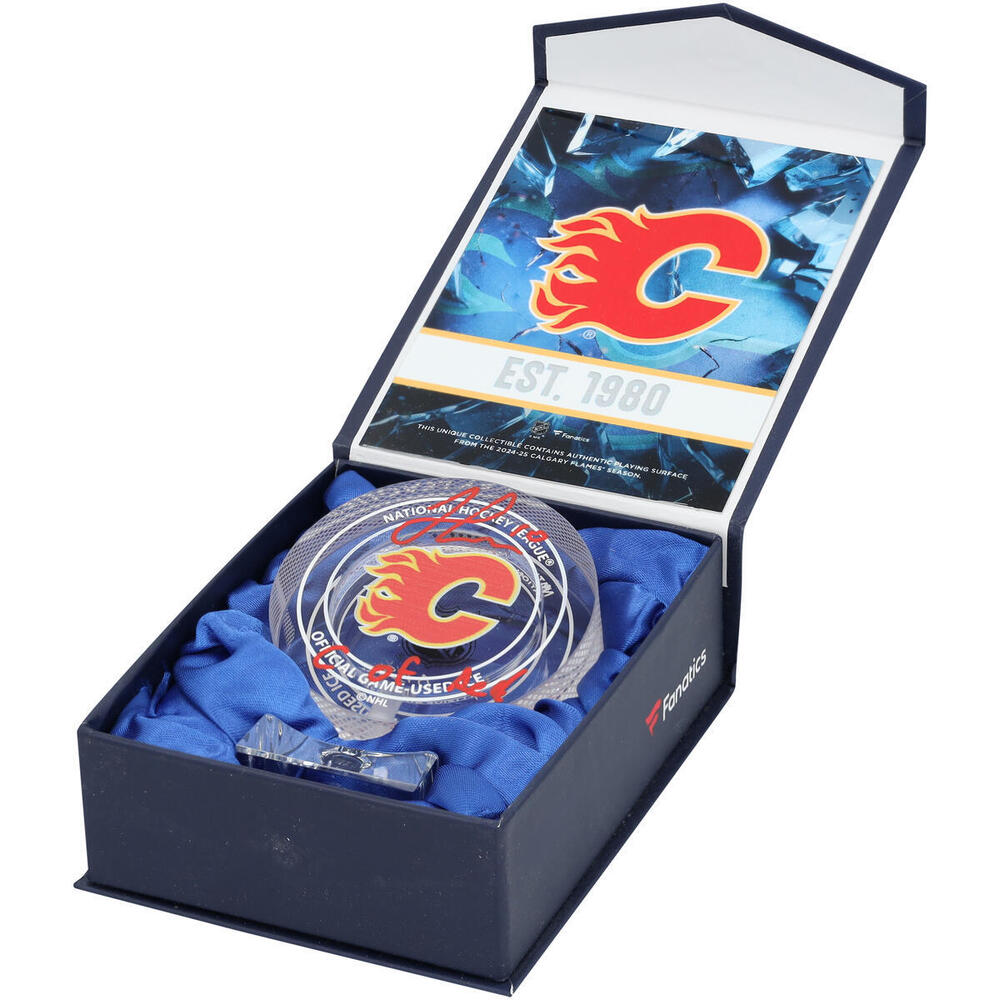 Jonathan Huberdeau Calgary Flames Autographed Crystal Puck - Filled with Ice from the 2024-25 Season with 
