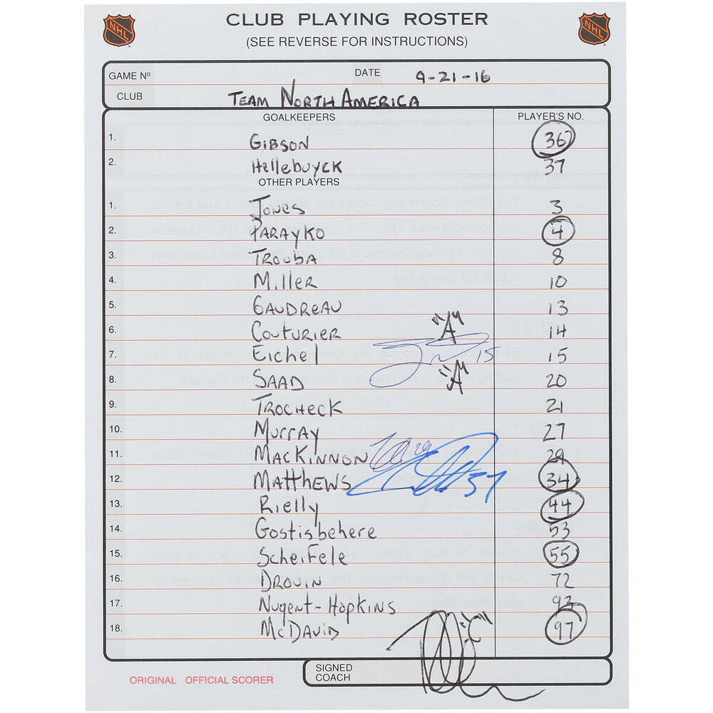 Auston Matthews, Nathan MacKinnon, and Jack Eichel Team North America Autographed Game-Used Lineup Card vs. Team Sweden on September 21, 2016