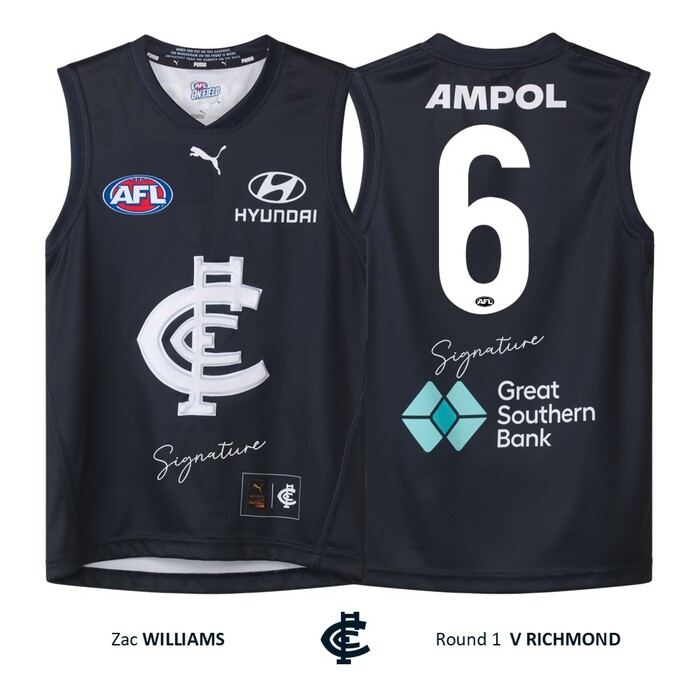 Photo of Zac Williams #6 Carlton Round 1 'Raised Monogram' Match Worn Guernsey