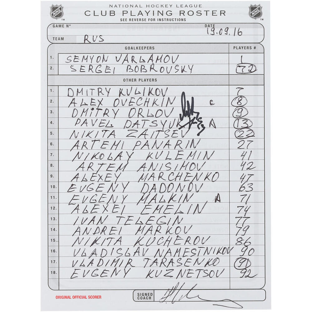 Alex Ovechkin and Pavel Datsyuk Team Russia Autographed Game-Used Lineup Card vs. Team North America on September 19, 2016