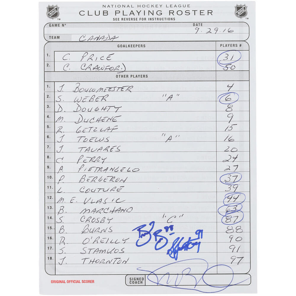 Brent Burns and Steven Stamkos Team Canada Autographed Game-Used Lineup Card vs. Team Europe on September 29, 2016