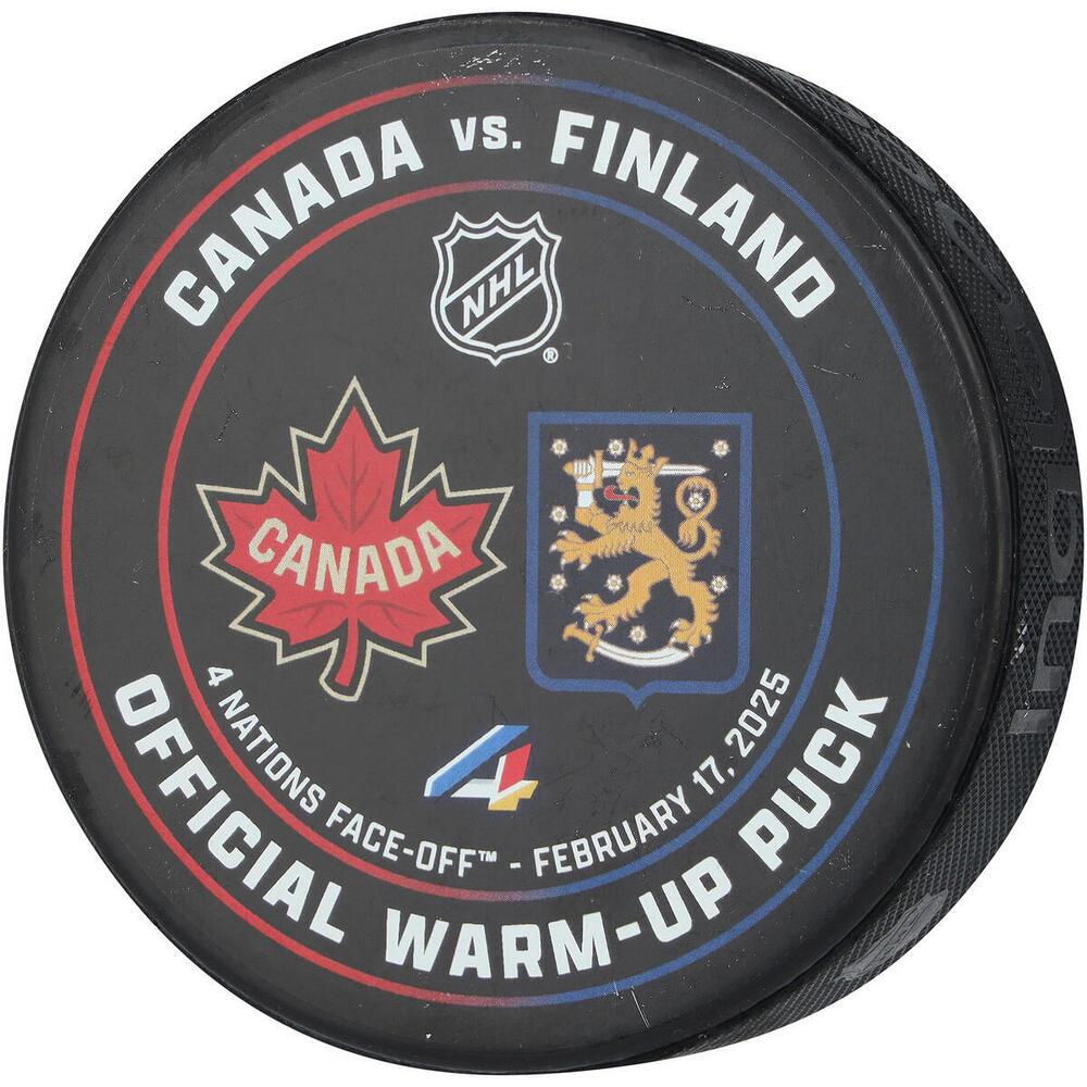 2025 Four Nations Face-Off Practice-Used Warm-Up Puck from the Game Between Team Canada and Team Finland on February 17, 2025