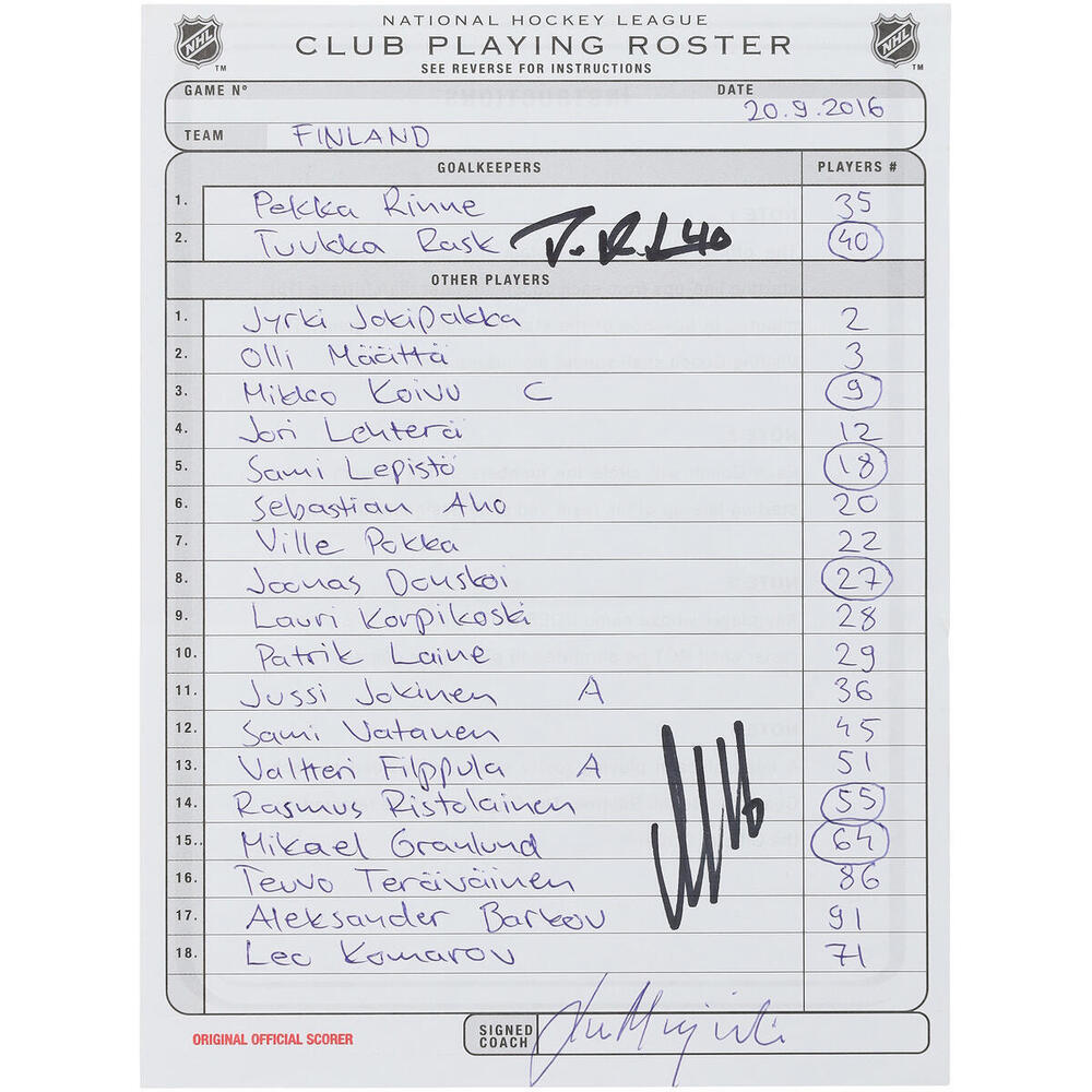 Aleksander Barkov and Tuukka Rask Team Finland Autographed Game-Used Lineup Card vs. Team Russia on September 22, 2016