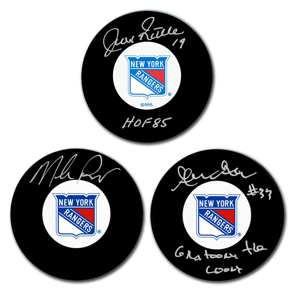 Jean Ratelle, Mike Richter & Gilles Gratton Autographed New York Rangers Hockey Puck Bundle