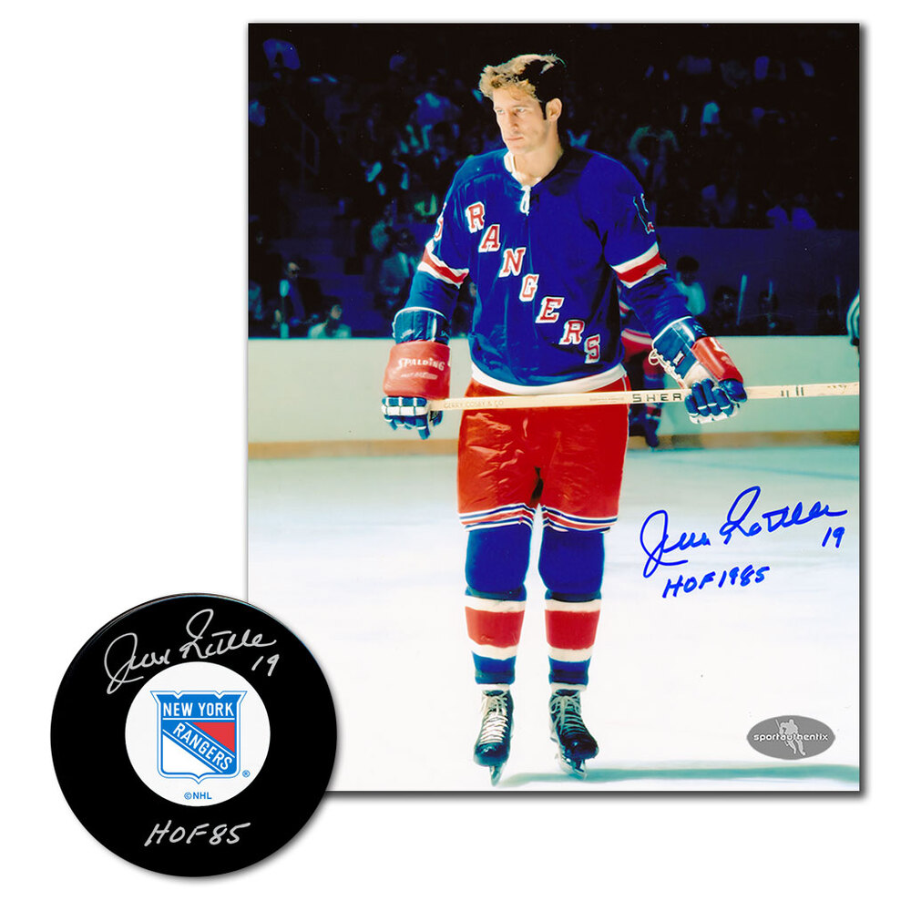 Jean Ratelle Autographed New York Rangers Hockey Puck & 8x10 Photo Combo