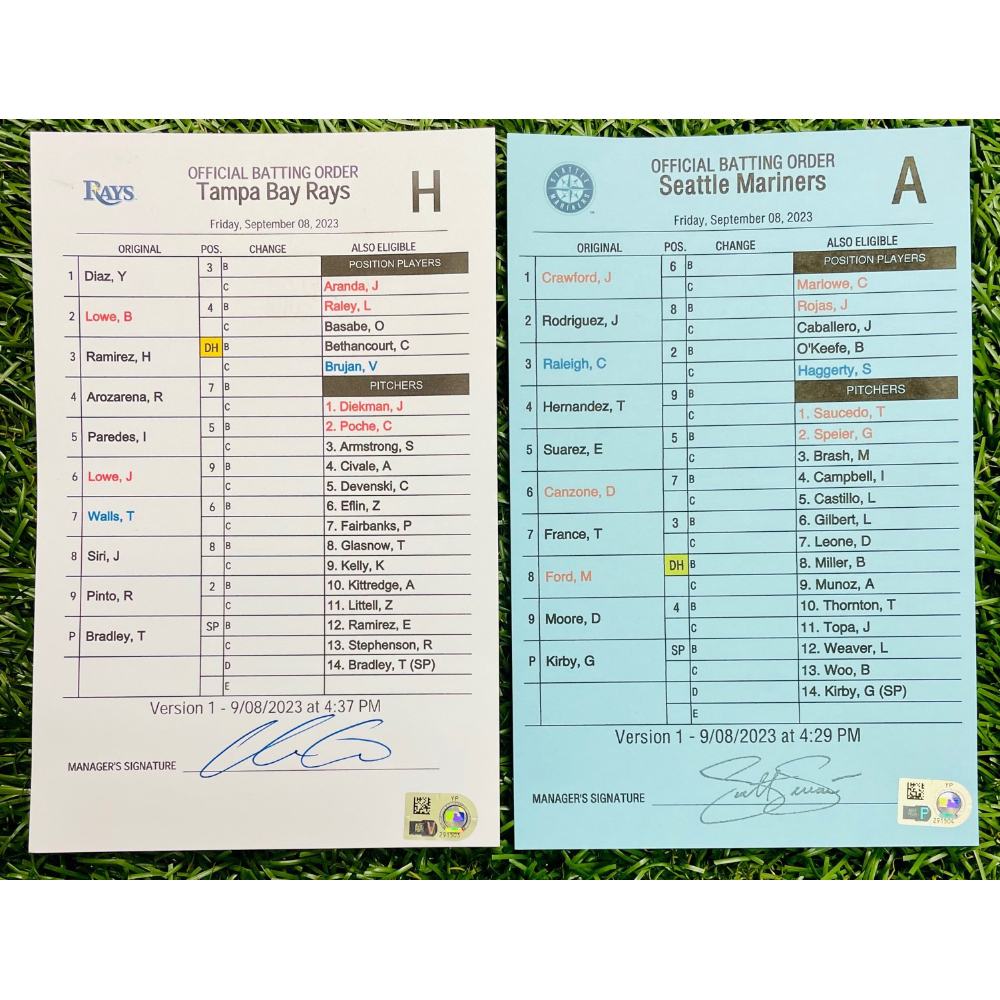 Game Used Official Batting Order Cards Package Tampa Bay Rays v Seattle Mariners September 8