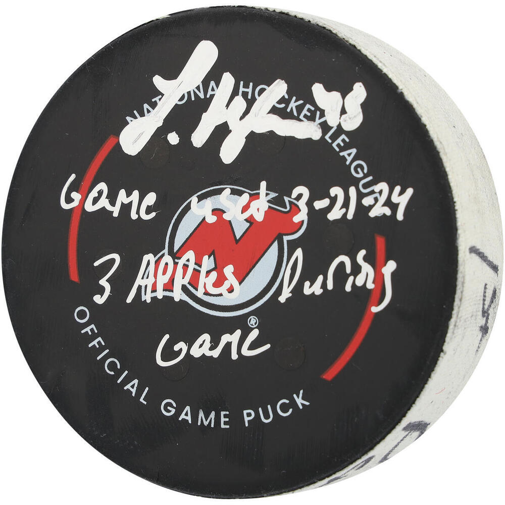 Luke Hughes New Jersey Devils Autographed Game-Used Puck vs. Winnipeg Jets on March 21, 2024 with Multiple Inscriptions