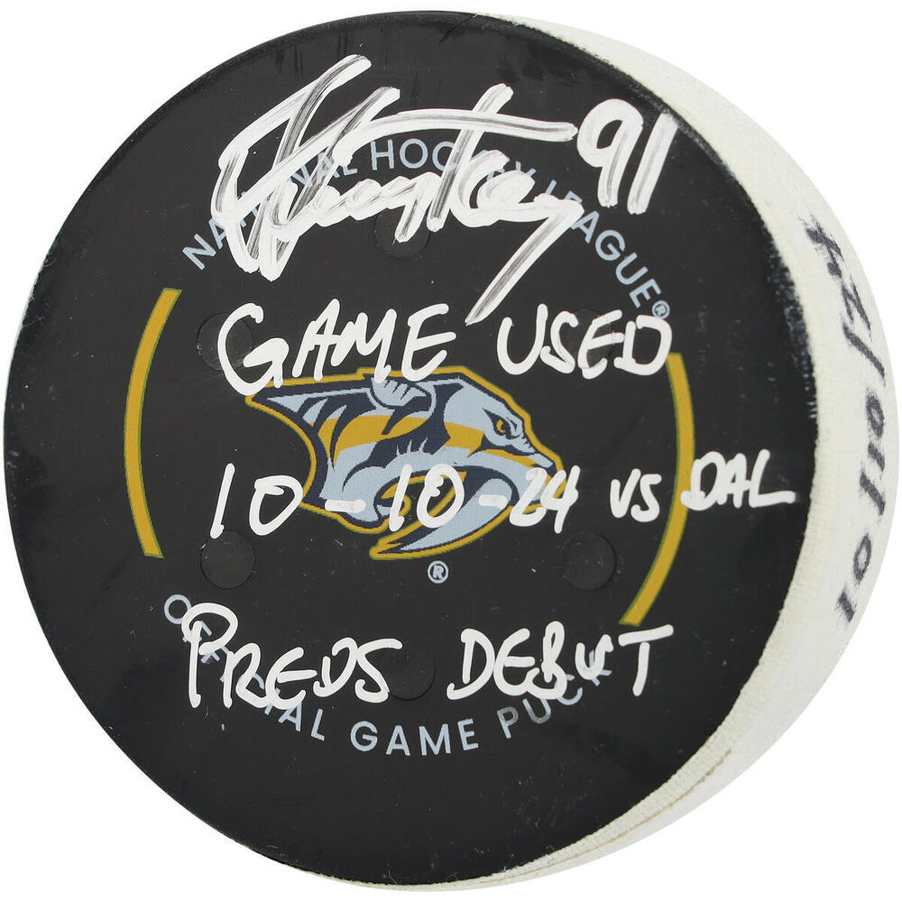 Steven Stamkos Nashville Predators Autographed Game-Used Puck vs. Dallas Stars on October 10, 2024 with Multiple Inscriptions