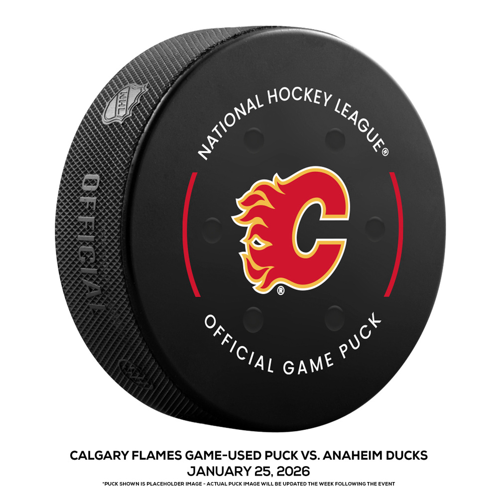 Calgary Flames Game-Used Puck vs. Anaheim Ducks on January 25, 2026 - Beckett Sennecke (ANA) 1st NHL Hat Trick During Game (Not Goal Puck)