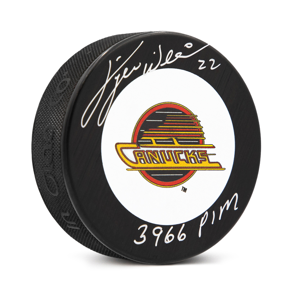Tiger Williams Signed Vancouver Canucks Puck with 3966 PIM Note
