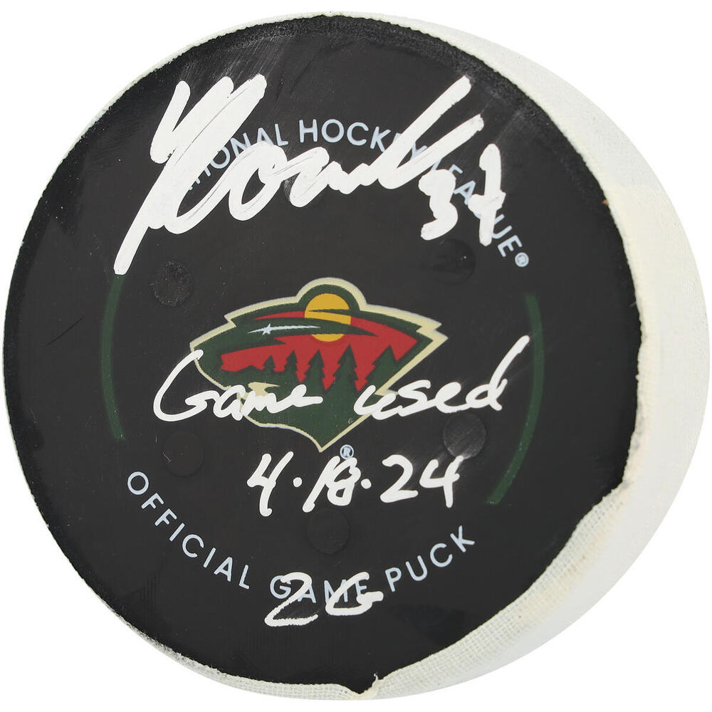 Yanni Gourde Seattle Kraken Autographed Game-Used Puck vs. Minnesota Wild on April 18, 2024 with Multiple Inscriptions