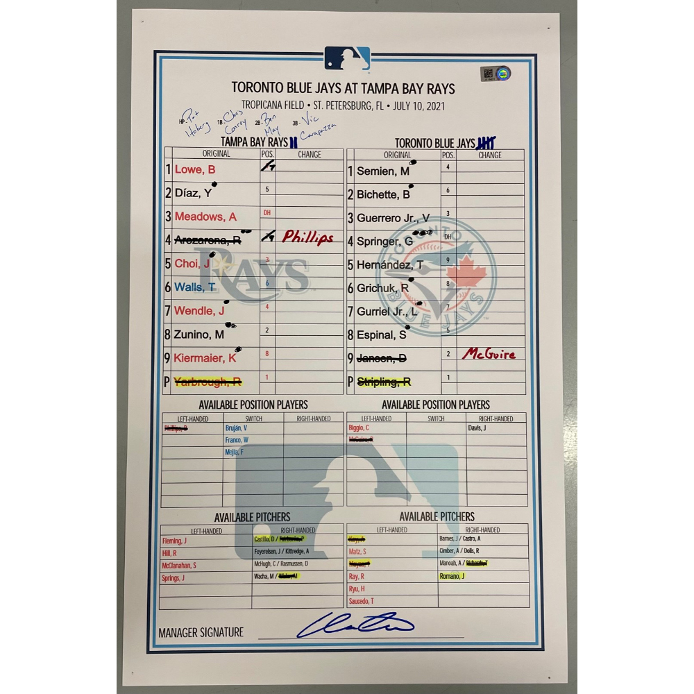 Game Used Lineup Card Tampa Bay Rays v Toronto Blue Jays July 10, 2021 Tampa Bay Rays Auctions