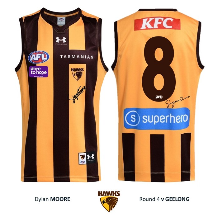 Photo of Dylan Moore #8 Hawthorn 2026 Dare to Hope Guernsey