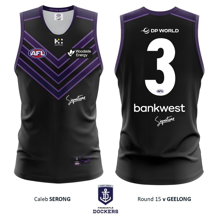 Photo of Caleb Serong #3 Fremantle 2026 Stealth Match-Worn Guernsey