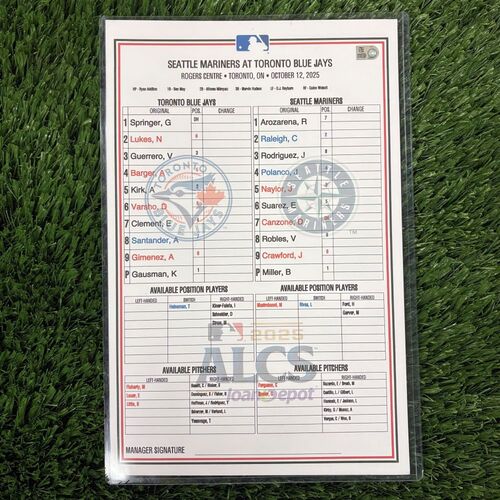 Photo of ALCS Game 1 vs SEA (Oct 12, 2025): George Springer recorded the 1st Lead-Off Home Run in Blue Jays Postseason History (Authenticated Replica Line Up Card)