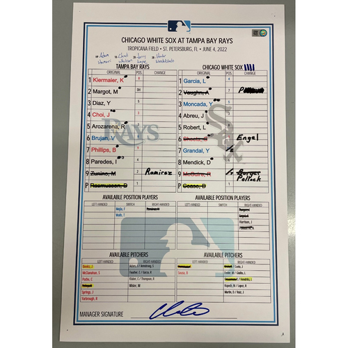 Game Used Lineup Card Tampa Bay Rays v Chicago White Sox June 4