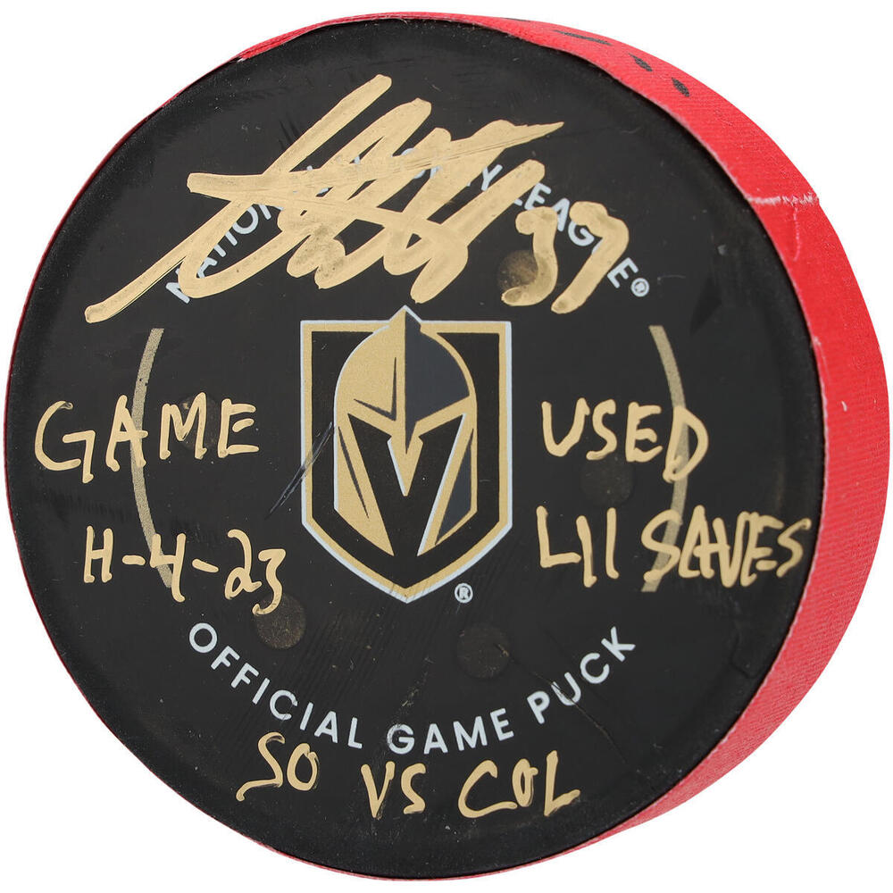 Adin Hill Vegas Golden Knights Autographed Game-Used Puck vs. Colorado Avalanche on November 4, 2023 with Multiple Inscriptions
