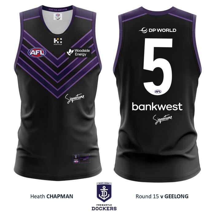 Photo of Heath Chapman #5 Fremantle 2026 Stealth Match-Worn Guernsey