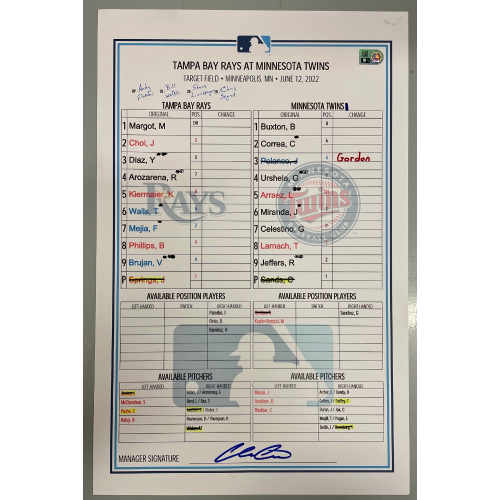 Game Used Lineup Card Tampa Bay Rays at Minnesota Twins June 12