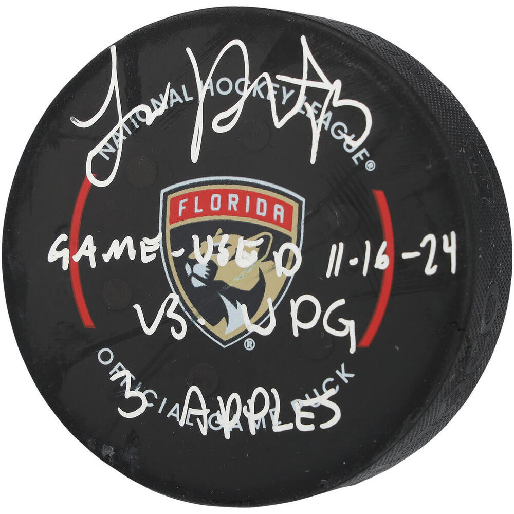 Sam Reinhart Florida Panthers Autographed Game-Used Puck vs. Winnipeg Jets on November 16, 2024 with Multiple Inscriptions