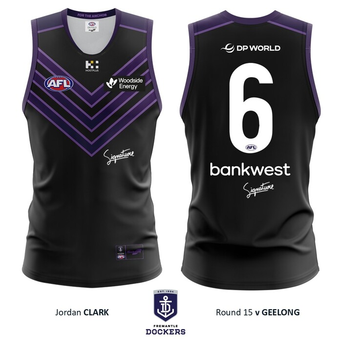 Photo of Jordan Clark #6 Fremantle 2026 Stealth Match-Worn Guernsey