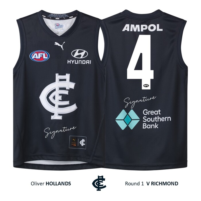 Photo of Oliver Hollands #4 Carlton Round 1 'Raised Monogram' Match Worn Guernsey
