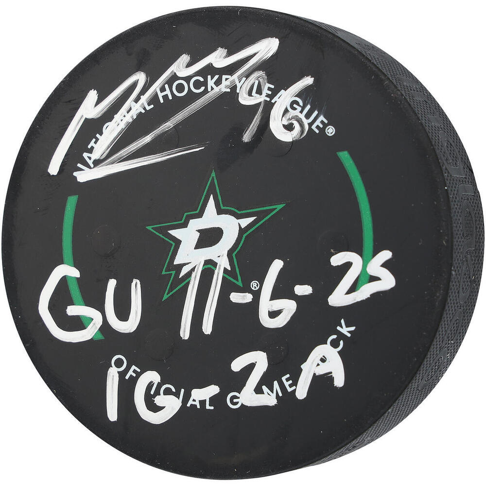 Mikko Rantanen Dallas Stars Autographed Game-Used Puck vs. Anaheim Ducks on November 6, 2025 with Multiple Inscriptions