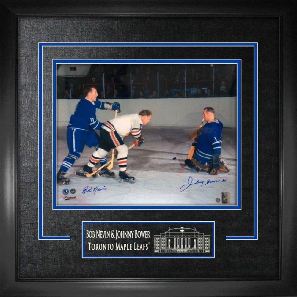 Bob Nevin & Johnny Bower - Dual-Signed 16x20 Etched Mat Maple Leafs vs Blackhawks