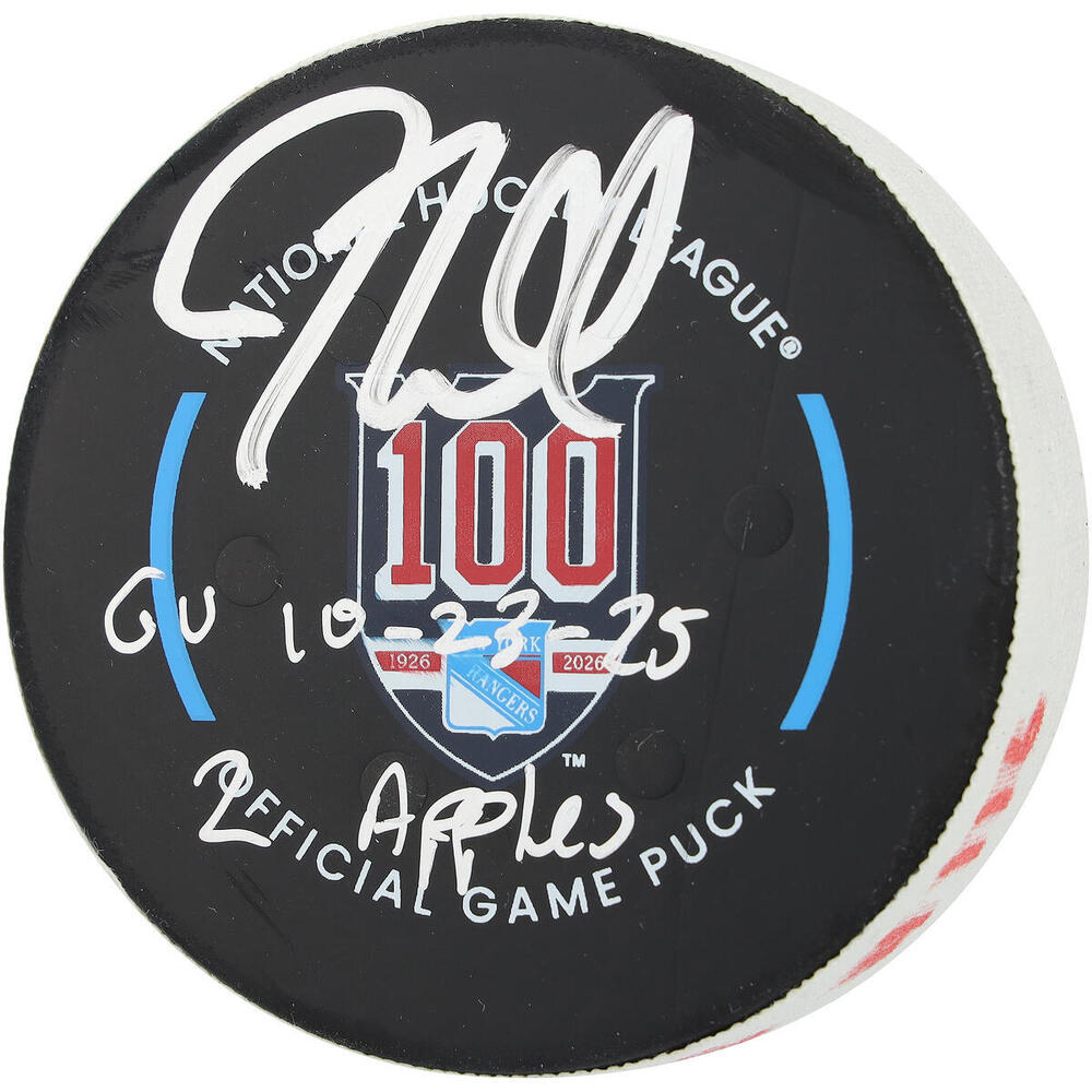 J.T. Miller New York Rangers Autographed Game-Used Puck vs. San Jose Sharks on October 23, 2025 with Multiple Inscriptions