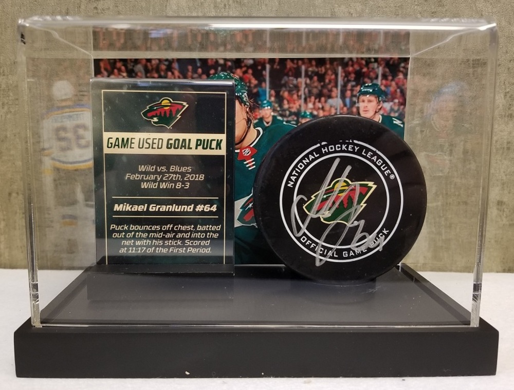 Wild Game Used Goal Puck-Granlund chest-bumps pass, bats puck out of air for goal