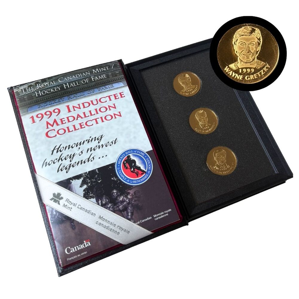 Rare Wayne Gretzky, Scotty Morrison, Andy Van Hellemond 1999 HHOF Inductee Medallion Collection (0032/99) | Royal Canadian Mint | Autographed Presentation Case