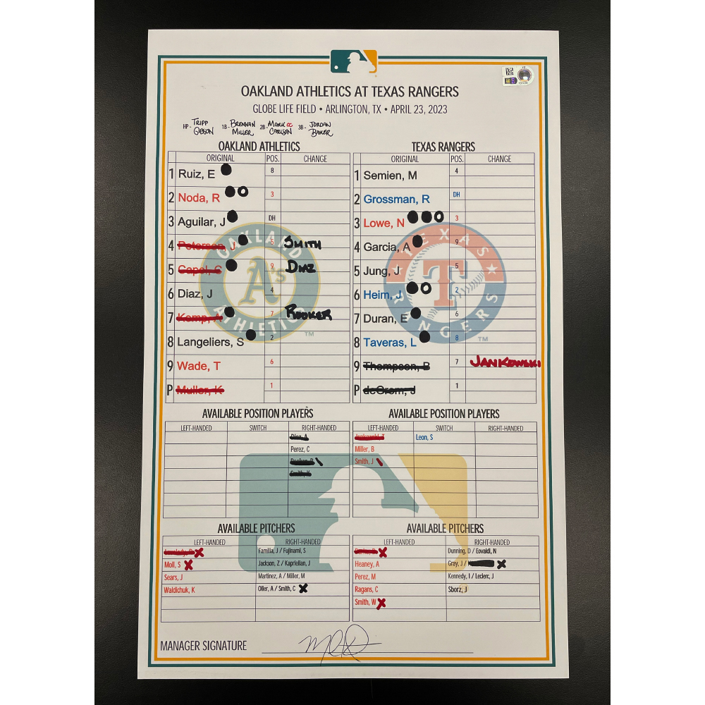 GameUsed Lineup Card OAK vs TEX Kyle Muller v Jacob deGrom 4/23