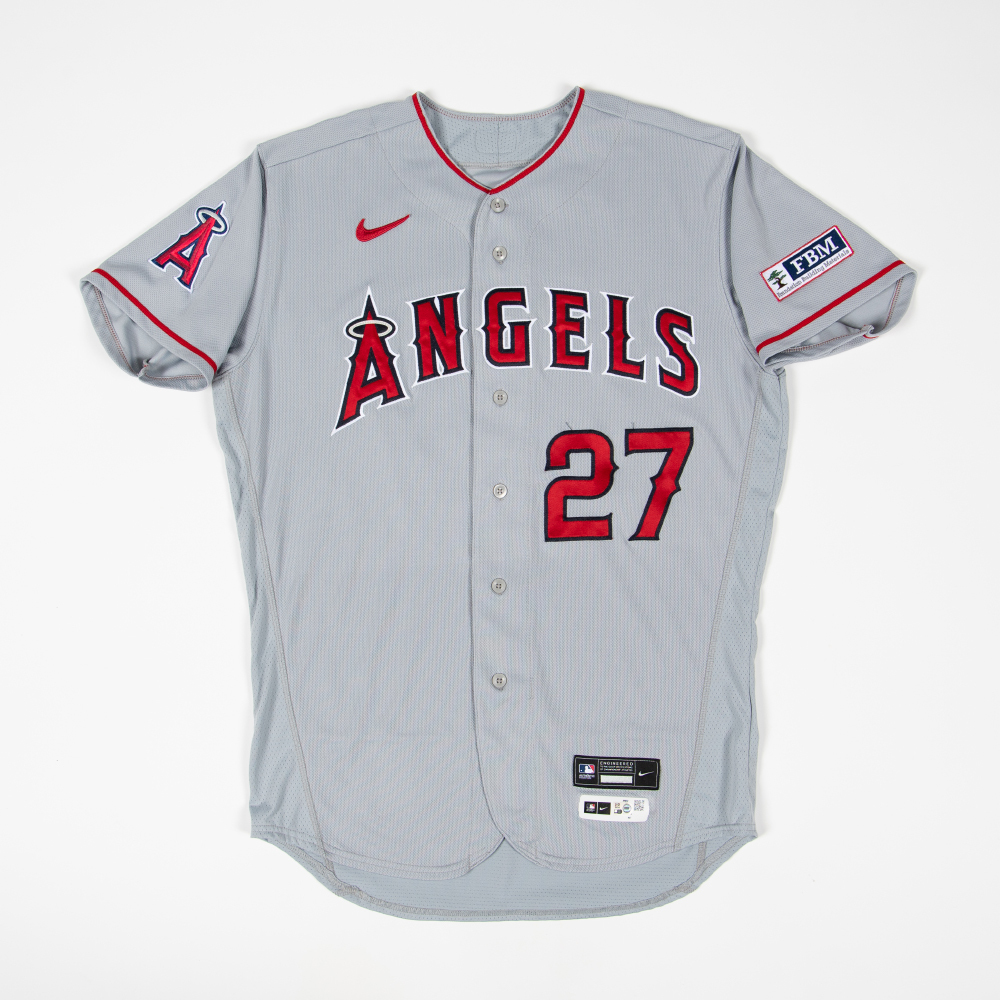 Mike Trout Game-Used Gray Jersey - Passes Brian Downs for 3rd Most