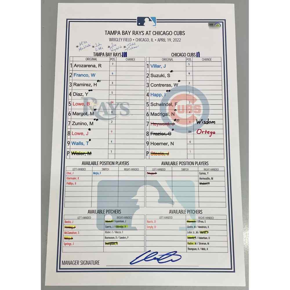Game Used LineUp Card Tampa Bay Rays at Chicago Cubs Wander Franco