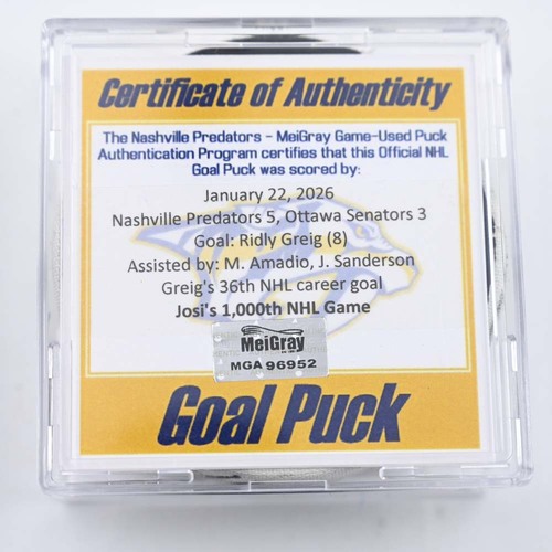 Image of Greig, Ridly - Ottawa Senators - January 22, 2026 at Nashville Predators (Predators Logo)