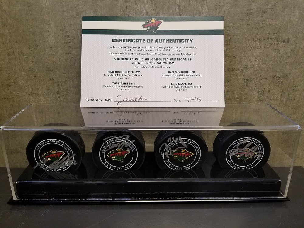 Wild Game Used Goal Puck-Fastest 4 Goals in Wild History