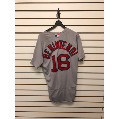 Photo of Andrew Benintendi Game-Used April 19, 2018 Road Jersey - Home Run, 3 RBIs