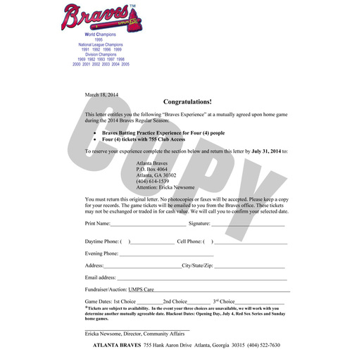 UMPS CARE AUCTION Atlanta Braves Batting Practice Experience and Game