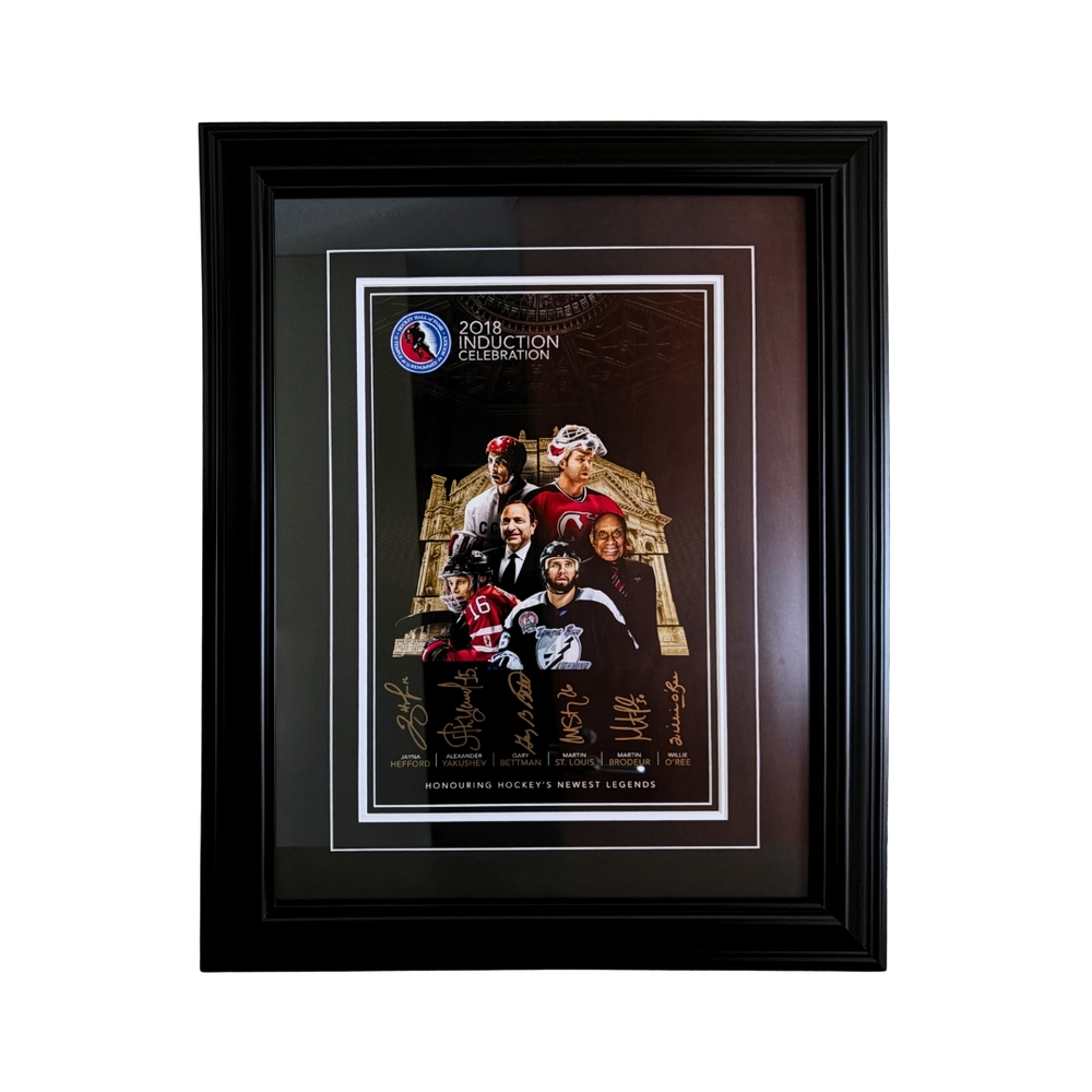 Gary Bettman, Martin Brodeur, Jayna Hefford, Willie O'Ree, Martin St. Louis, Aleksander Yakushev Autographed Class of 2018 Framed Poster (Limited Edition) 8/12