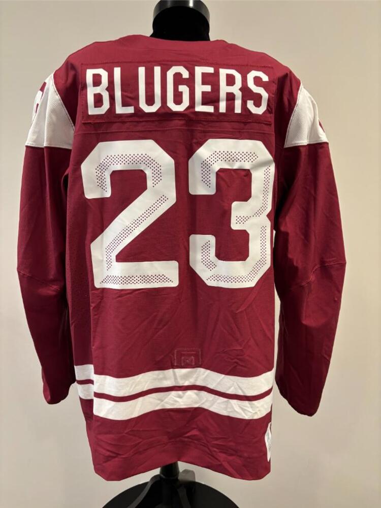 Teodors Bļugers Latvia Game-Used Red Jersey worn v. USA on February 12, 2026, as a part of the 2026 Milano Cortina Winter Games.