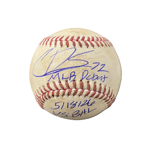 Photo of Game Used Autographed Baseball: Gunnar Henderson foul ball off Chase Solesky (MLB Debut) - Inscribed 'MLB Debut 5/18/26 vs BAL' -  Top 7 - May 18, 2026 v BAL