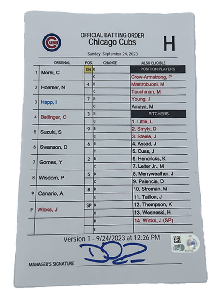 Cubs Batting Order Card September 24th, 2023 Rockies vs. Cubs