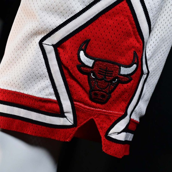 Close-Up of Michael Jordan’s 1997 Shorts displaying the Bulls Logo.