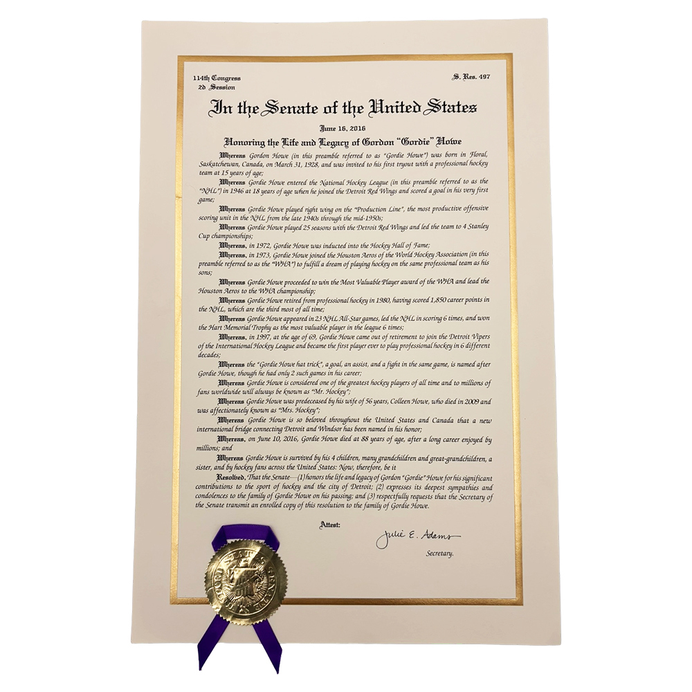Gordie Howe United States Senate Resolution - Honoring His Life & Legacy