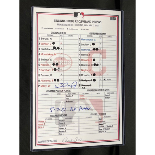 Wade Miley No-Hitter - *Autographed & Inscribed* Dugout Lineup Card - 05/07/2021 - CIN @ CLE - Inscribed as 5-7-21 No Hitter